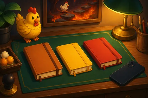Notebooks beside a Chicken Road arch, not a portrait