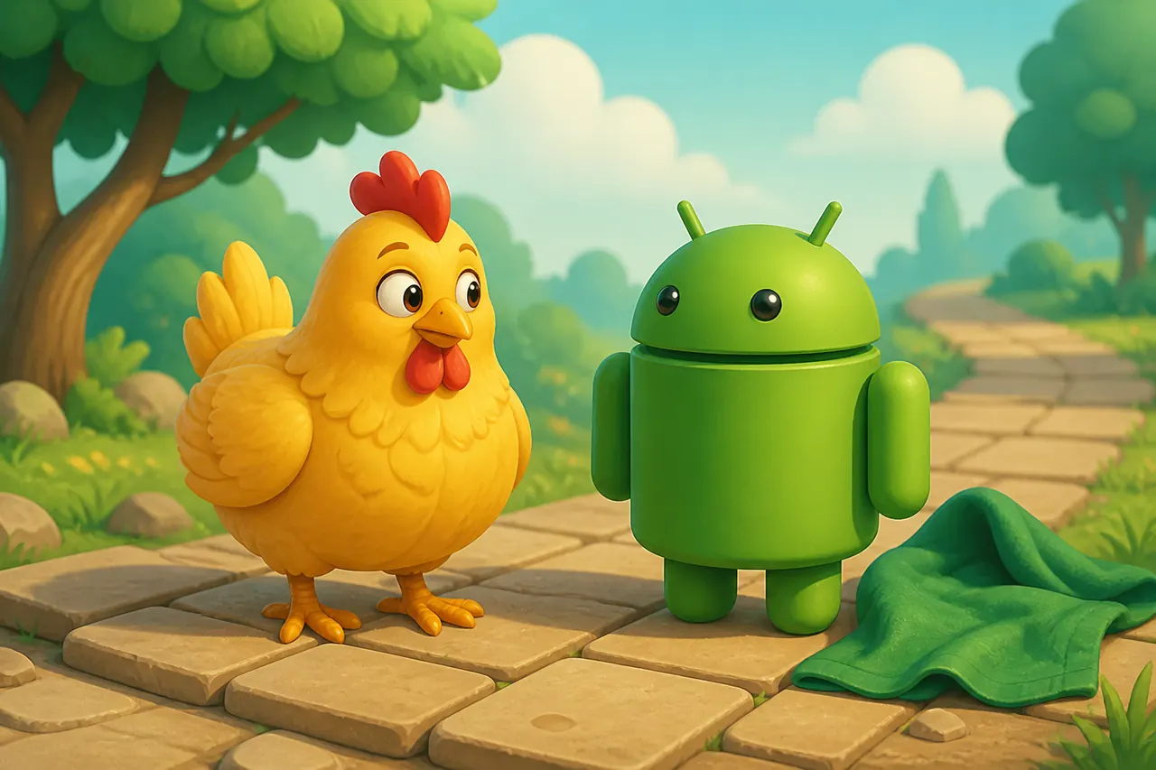 Android phone beside a Chicken Road hen, canvas glow only