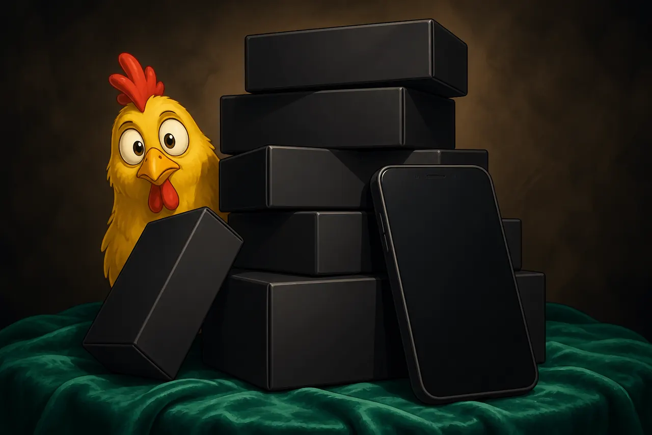 Stacked unlabeled APK boxes, hen and egg out of reach