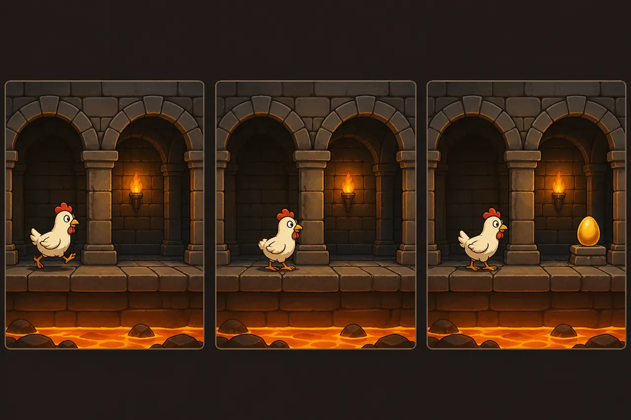 Several Chicken Road stills: hen, arches, golden egg