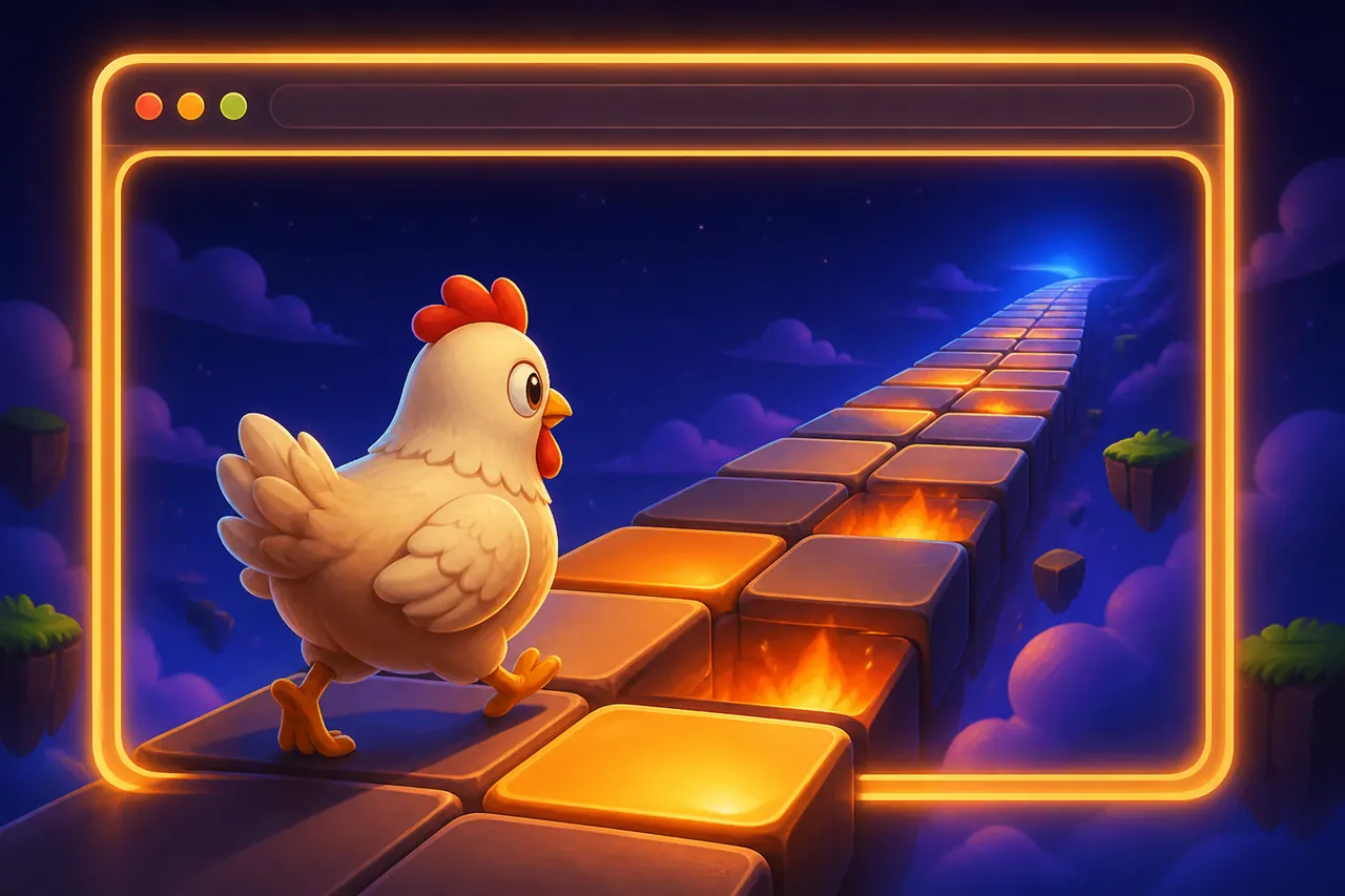 Highway Chicken Road 2.0 round in a browser-shaped frame, lettering