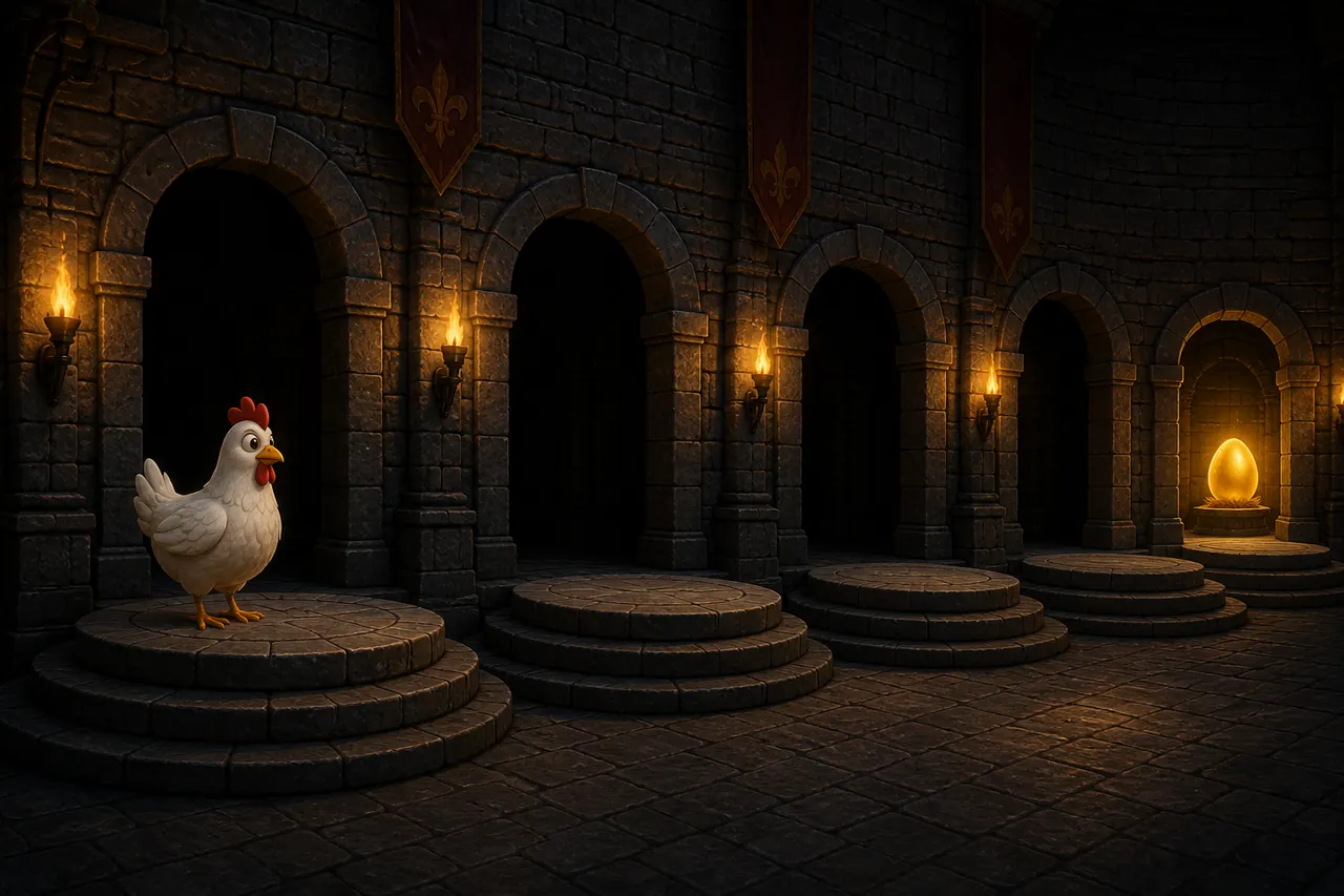 Hen waiting at the first Chicken Road arch before a demo step