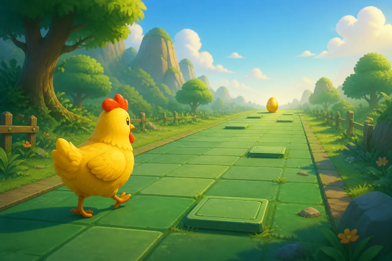 Hen on a short, calm row of Chicken Road arches