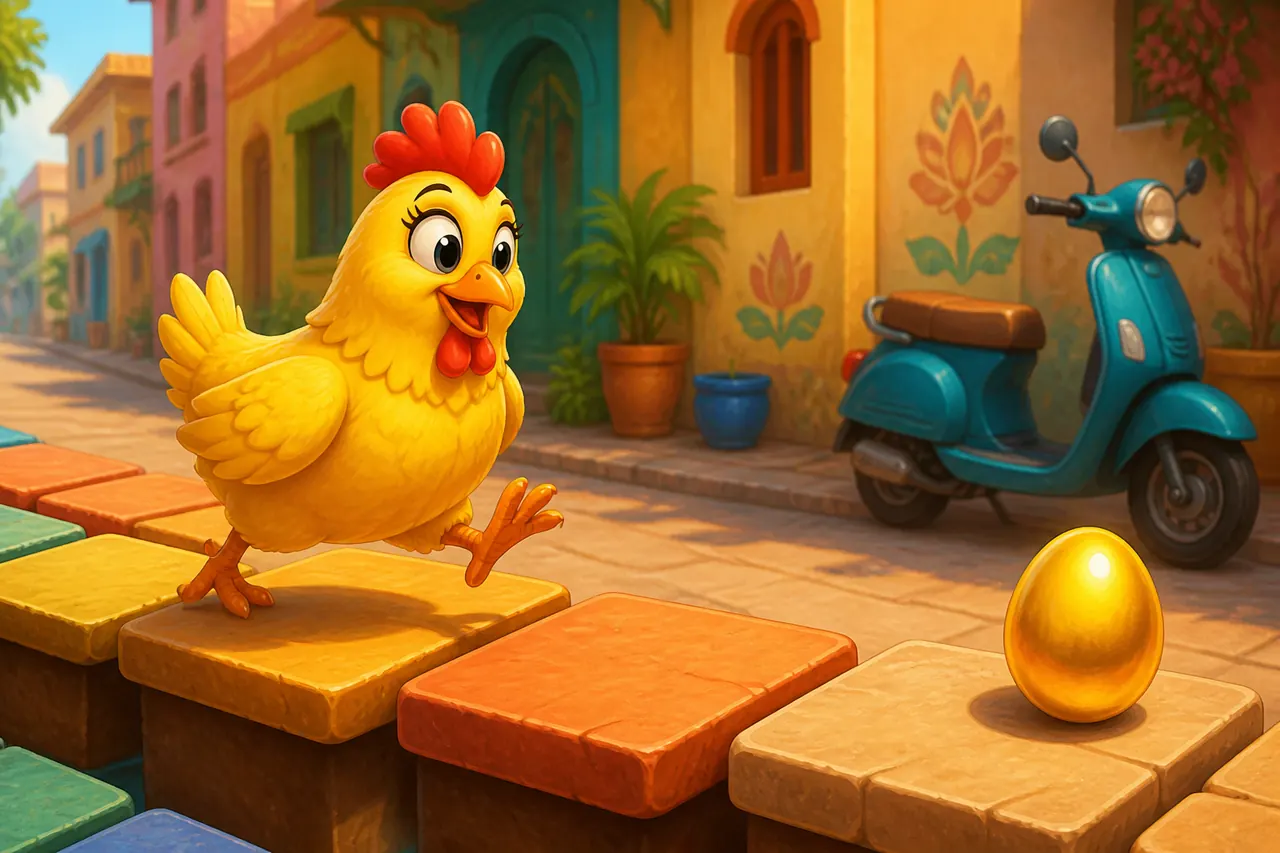 Chicken Road hen and egg, overcast indoor stone light