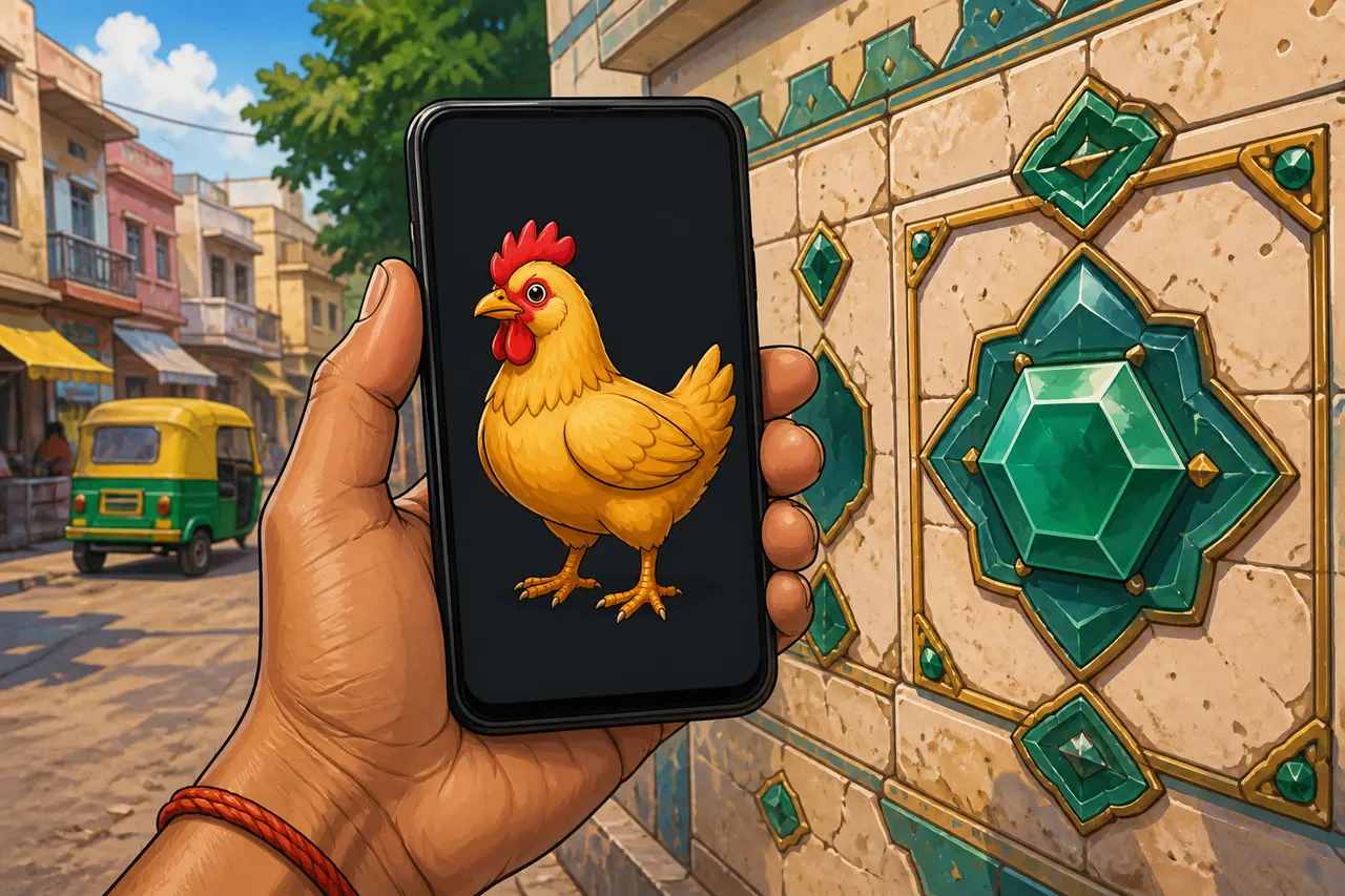 Phone in a hand, Chicken Road arch glow, no readable UI