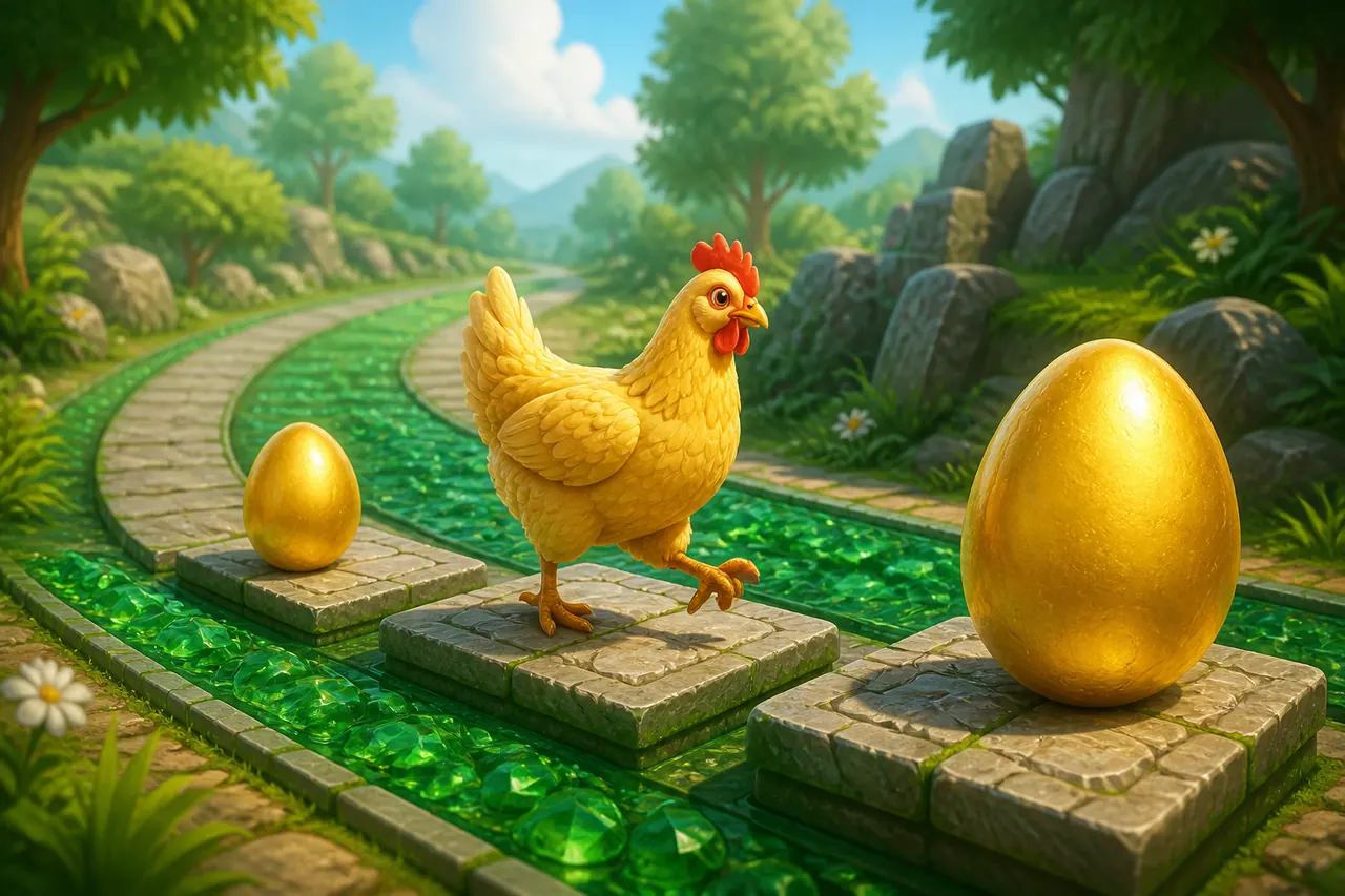 Hen after a safe arch, egg still ahead, no numbers on the stone