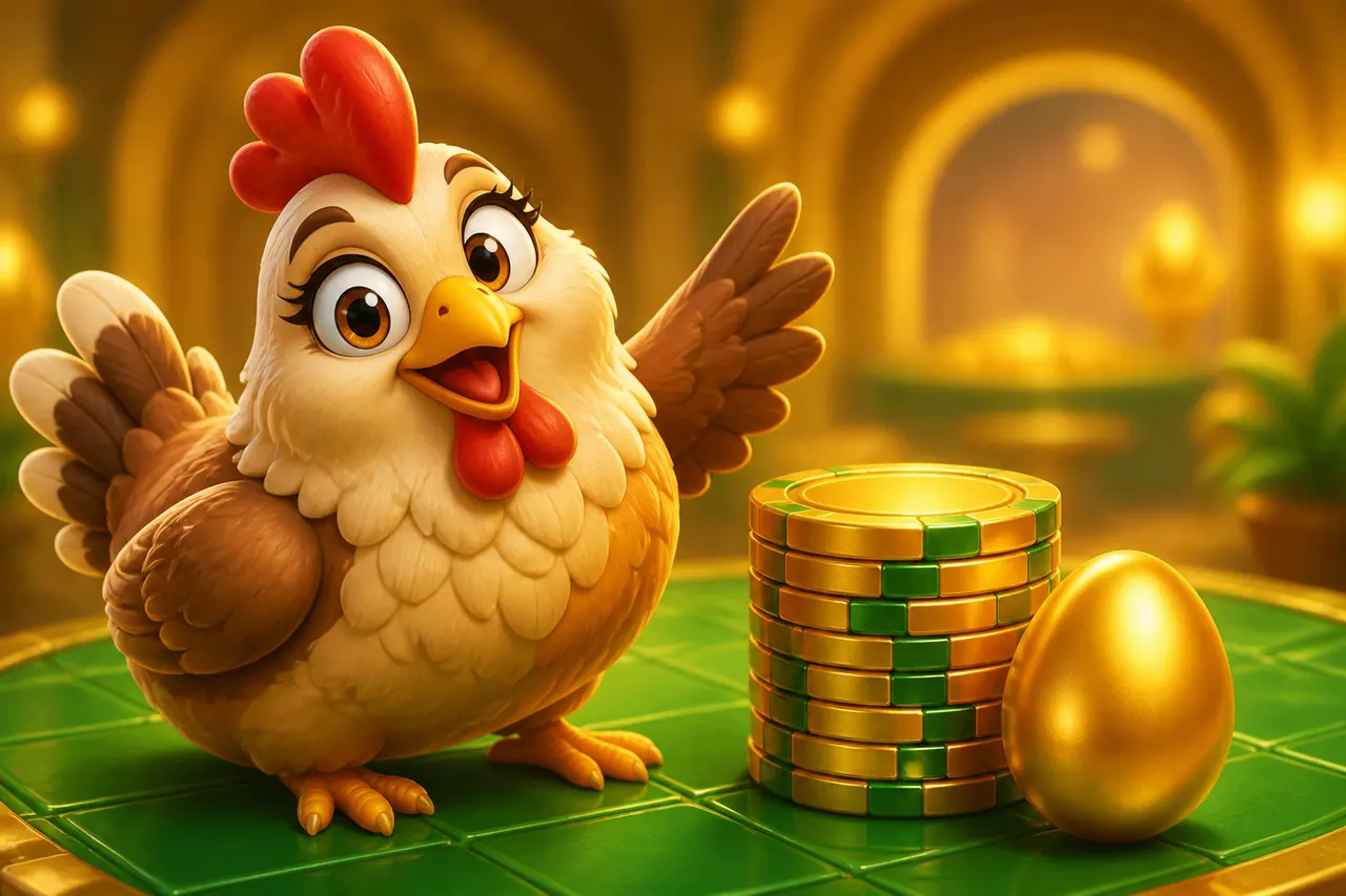 Hen at an arch, closed wallet on the stone, not a wage desk