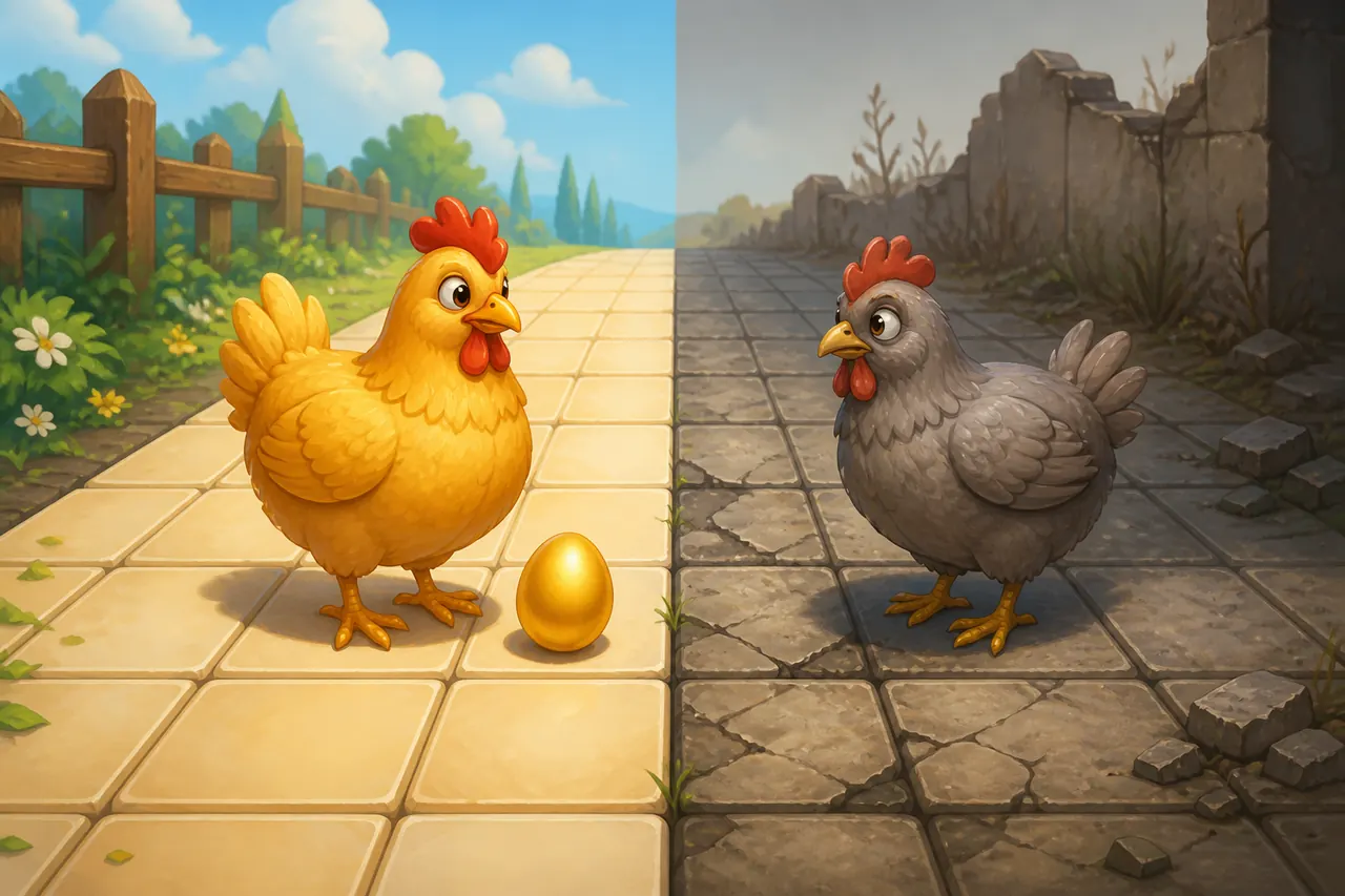 Live Chicken Road hen versus a plastic decoy in an arch