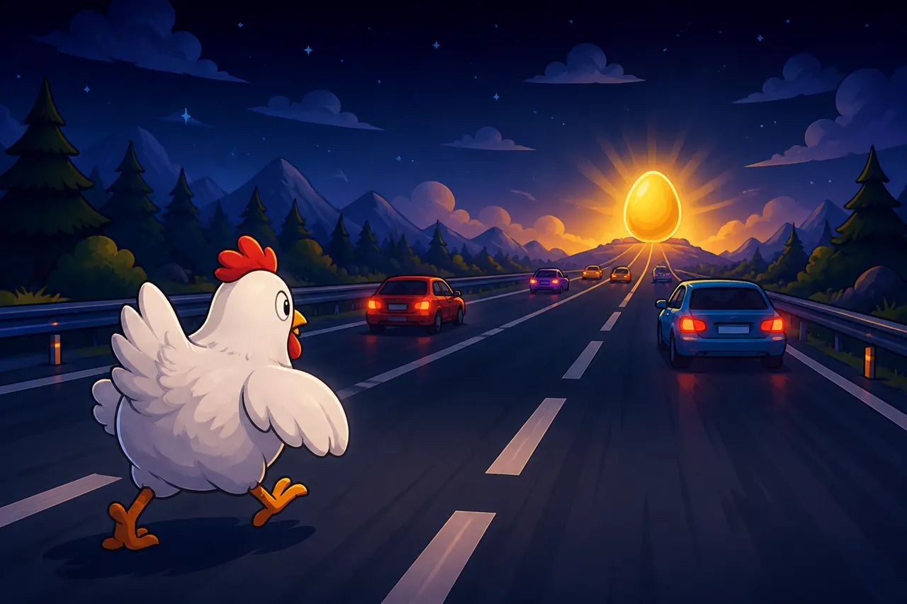 Hen on a cartoon highway toward a distant golden egg, Chicken Road 2.0