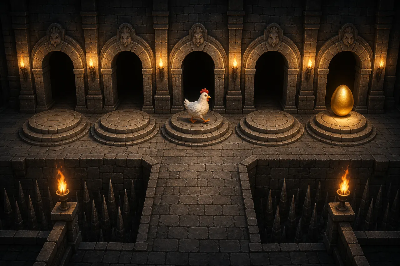 Chicken Road board: hen on a step, egg in the last arch
