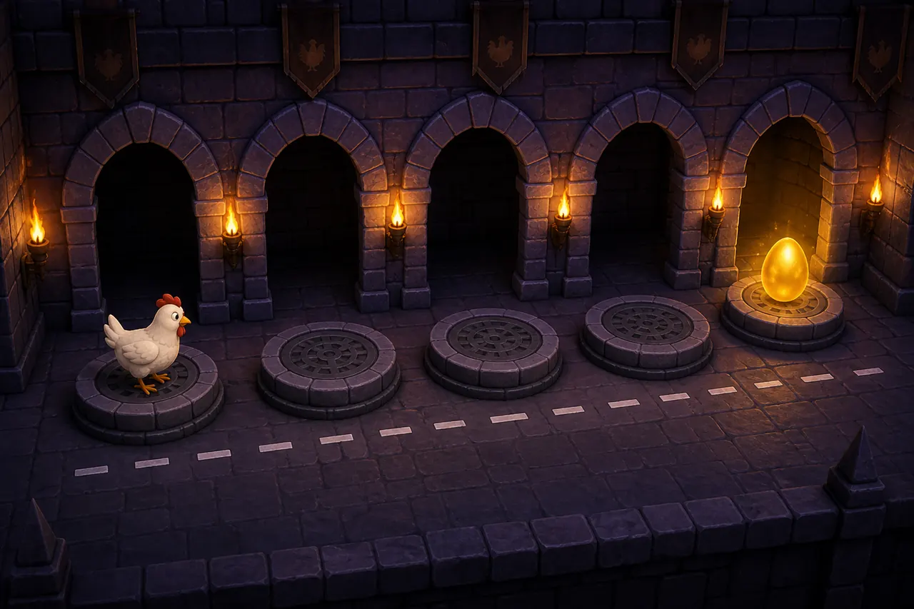 White hen on Chicken Road, stone arches ahead, golden egg in the last doorway