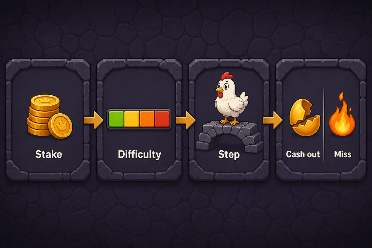 Chicken Road round loop: stake, difficulty, step, then cash out or miss